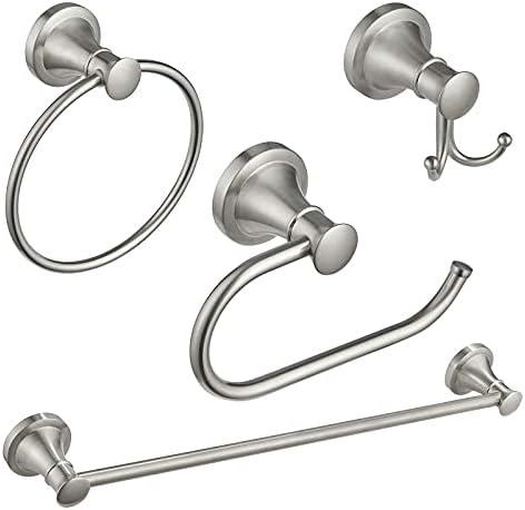 BESy Brushed Nickel 4 Piece Bathroom Accessories Set (Single Towel Bar, Towel Ring, Toilet Paper Holder, Double Towel Hooks), Wall Mounted Bath Hardware Accessory Fixtures Rack Set by BESy