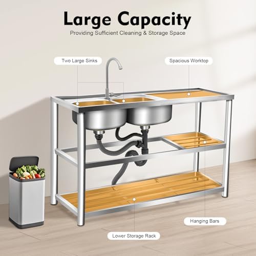 Stainless Steel Commercial Sink 2 Compartment Kitchen Free Standing Double Bowl Restaurant Kitchen Sink Set W/Prep Table for Cleaning Tableware Fruits and Vegetables, Large, Silver - Image 2