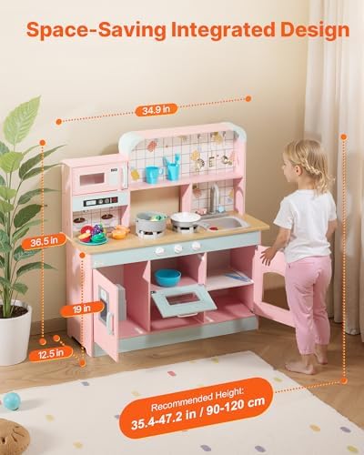VEVOR Wooden Play Kitchen Toy, Play Kitchen for Kids with Lights and Sounds, Toddler Kitchen with Ice Maker, Oven, Sink, Microwaves, Fridge and Utensil and Fruit Accessory for Toddlers, Pink - Image 2