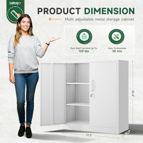 Letaya Metal Storage Cabinets with Lock, Small Locker Organizer Steel Cabinets, Adjustable Layers Shelves 2 Doors for Home, Office, Warehouse,Garage,Industrial,Employee Lockers (White-36) - Image 3