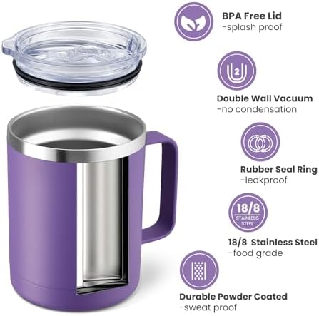 MEWAY 12oz Coffee Mug With Handle 8 Pack Bulk,Stainless Steel Insulated Travel Tumblers With Sliding Lid,Double Wall Vacuum Camping Cup for Hot & Cold Drinks Tea (Purple,Set of 8) - Image 2