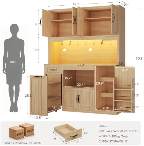 Fluted Kitchen Pantry Cabinet with Charging Station & LED Light, 47" Wide Kitchen Pantry Storage Cabinet with Countertop, Microwave & Appliance Storage, Food Pantry Cabinet for Dining Room ,Natural - Image 2