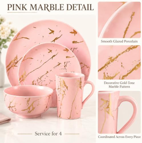 Pink Dinnerware Set for 4, 16-Piece Porcelain, Gold Marble - Image 4
