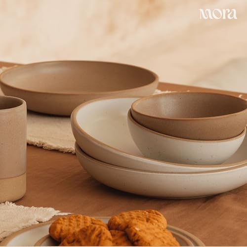 MORA Medium Dishes Set of 4, 30oz Ceramic Pottery Pasta Plate/Wide Bowls - Microwave, Oven and Dishwasher Safe - Oat - Image 5