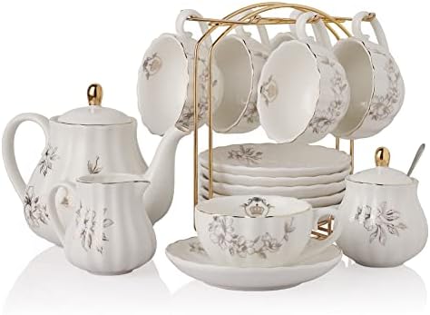 Porcelain Tea Sets British Royal Series, 8 OZ Cups & Saucer Service for 6, with Teapot Sugar Bowl Cream Pitcher Teaspoons and Tea Strainer, Suitable for High Tea, Wedding, Party（Morning glory） by Sweejarco1949