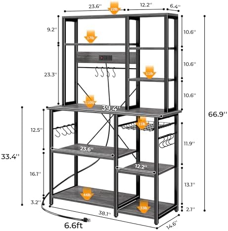 SUPERJARE Large Bakers Rack with Power Outlets, 39.5 Inches Microwave Stand - Image 3