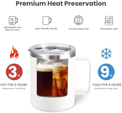 MEWAY 12oz Coffee Mug With Handle 8 Pack Bulk,Stainless Steel Insulated Travel Tumblers With Sliding Lid,Double Wall Vacuum Camping Cup for Hot & Cold Drinks Tea (White,Set of 8) - Image 3