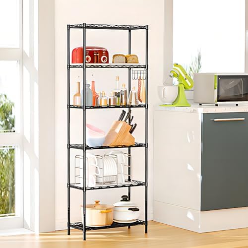 Homdox 6-Tier Storage Shelf Wire Shelving Unit Free Standing Rack Organization Adjustable Leveling Feet, Stainless Side Hooks, Black - Image 2