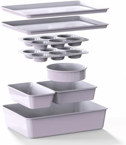 Larder & Vine 8-Piece Stackable Bakeware Set, Ceramic-Coated Nonstick Baking Pan Set, Non-Toxic, with Baking Sheets, Muffin Pan, Loaf Pan & Cake Pans, Lavender by LarderVine