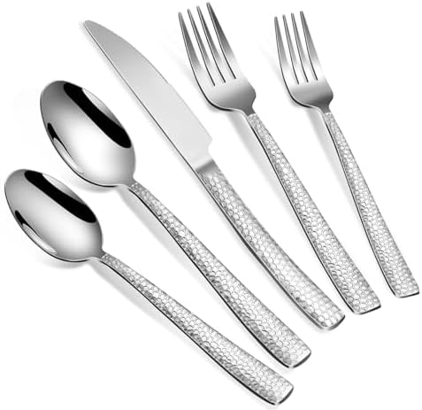 20-Piece Silverware Set, Silver Hammered Stainless Steel Flatware Sets for 4, Food-Grade Tableware Set, Including Fork Knife Spoon Set, Home Kitchen Cutlery Sets, Dishwasher Safe by Remoxye