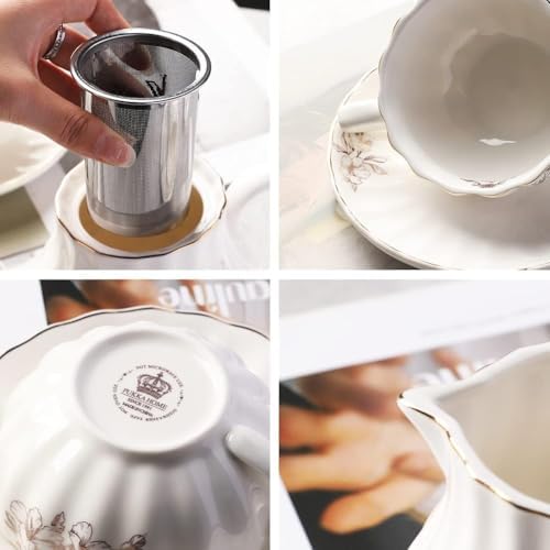 Sweejar Home Porcelain Tea Sets British Royal Series, 8 OZ Cups & Saucer Service for 6, with Teapot Sugar Bowl Cream Pitcher Teaspoons and Tea Strainer, Suitable for High Tea, Wedding, Party（Beige） - Image 2