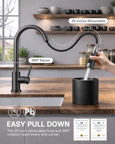 WEWE Pull-Down Kitchen Faucet, 3-Mode Sprayer, Matte Gray, Stainless Steel - Image 3