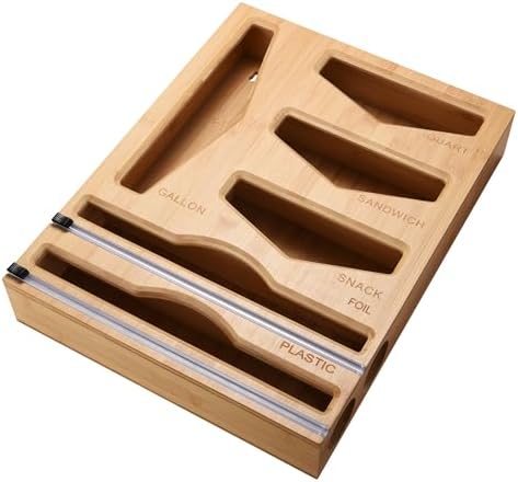Bamboo Food Bag Organizer with Foil and Plastic Wrap Organizer, Kitchen Drawer Organizer, Wrap Dispenser with Cutter, for Gallon, Quart, Sandwich, Snack Bags and 12" Roll (Natural Bamboo) by CozeeBay