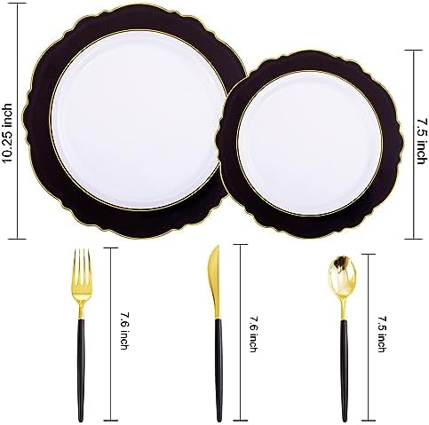 WDF 30Guest Black and Gold Plastic Plates - New Year Plates - Gold Plastic Silverware With Black Handle Baroque Black and Gold Disposable Dinnerware for New Year &Parties (Pack of 2) - Image 3