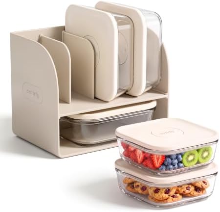 SMIRLY Glass Food Storage Containers with Lids & Organizer, 5-Pack (Cream) by Smirly