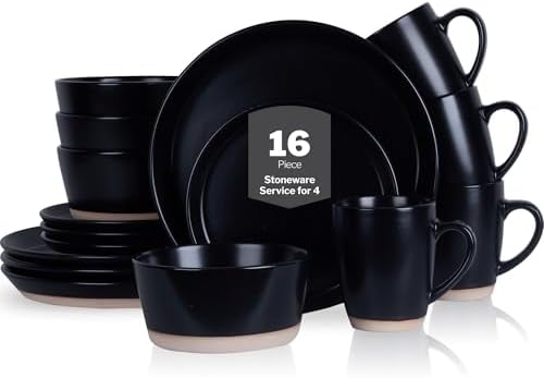 Stone Lain Jules Stoneware 16-Piece Dinnerware Set, Plates and Bowls, Service for 4, Black, Microwave & Dishwasher Safe by Unknown