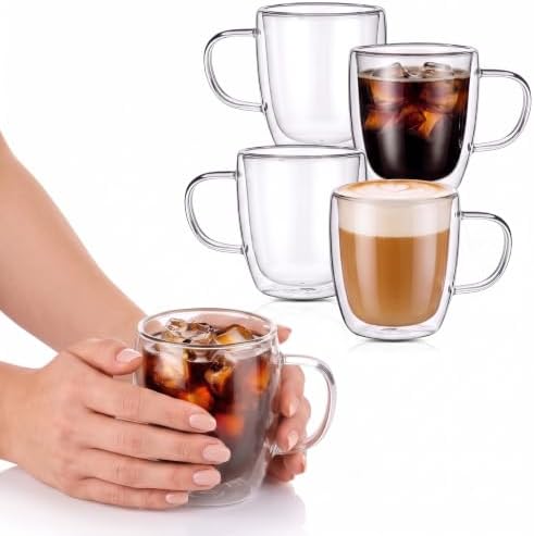 Patelai Glass Coffee Mugs Set of 4, 16 oz Clear Double Walled Coffee Cups Glasses Insulated Latte Mugs with Handle Espresso Clear Cups for Hot and Cold Beverages by Patelai