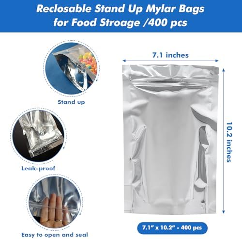 400-Pack Large Reclosable Mylar Bags for Food Storage 7" x 10" Stand Up Bags in Bulk 1 Quart Large Resealable Smell Proof Aluminum Foil Bags with Clear Window Kitchen Storage Edible Packaging - Image 2