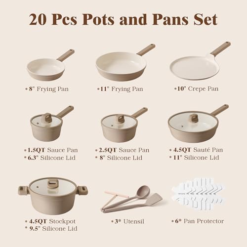 SENSARTE Ceramic Pots and Pans Set Nonstick, 20Pcs Cookware Set, Taupe - Image 2