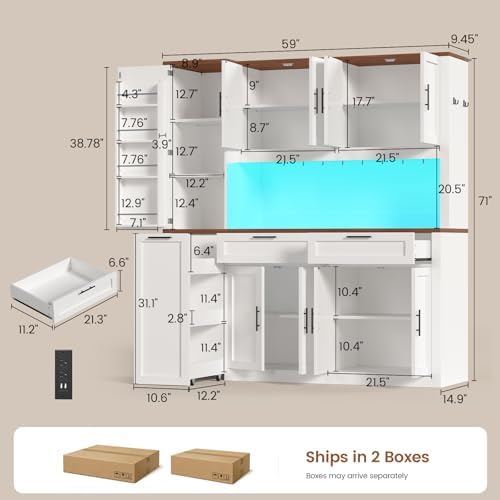 Itaar 71" Kitchen Pantry Cabinet with Charging Station and Led Light, Kitchen Storage Cabinets with Microwave Stand, 59" Wide Pantry Storage Cabinet with Storage Cart 3 Tier for Dining Room, White - Image 2