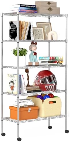BestOffice | 5-Tier Wire Storage Shelves with Wheels | 14 x 30 x 61 | Chrome | with Adjustable Racks | Heavy-Duty Metal Shelf, Holds Upto 1250 lbs | No-Tool Assembly | Ideal for Home & Garage Shelving by BestOffice