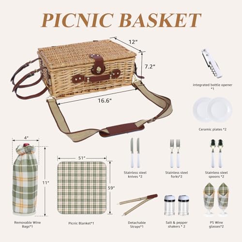 Wicker Picnic Basket for 2, Blanket & Wine Pouch, 16.6" Green - Image 4