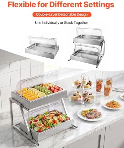 VEVOR Countertop Food Serving Display Container, 2 Tier Stainless Steel Food Salad Server Tray, Buffet Condiment Dispenser, Ice Cooled Rack with Clear Roll Top Cover, for Restaurant Hotel (1/1 Pan x2) - Image 3