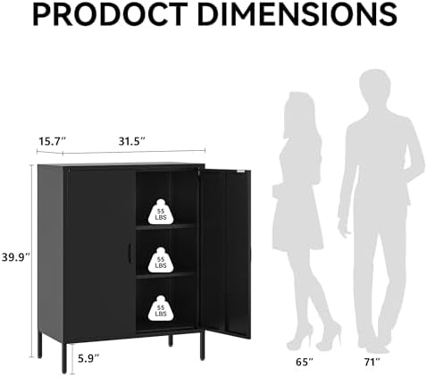 COFaR Black Metal Storage Cabinet, 40” Industrial Kitchen Organizer & Buffet Sideboard, 3-Tier Steel Cabinet with Adjustable Shelves, Magnetic Doors for Coffee Bar, Office, Dining Room - Image 2
