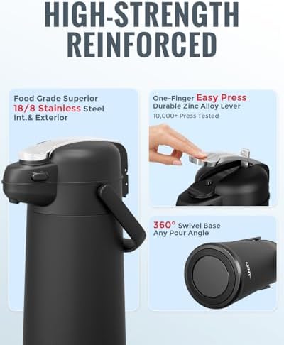 GiNT 3L Airpot Coffee Dispenser with Pump, Insulated Coffee Carafe for Hot Liquids, Stainless Steel Vacuum Insulated Pump Dispenser for Hot/Cold Beverages, Home Office Commercial Outdoor Use(101oz) - Image 5