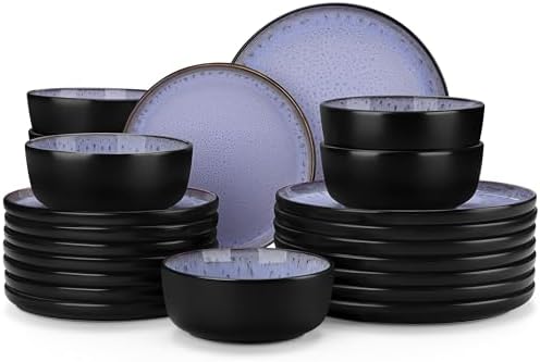 vancasso Plates and Bowls Sets, 24 Pieces Stoneware Dinnerware Sets for 8, Kitchen Dish Set Mircowave and Dishwasher Safe Ceramic Dishware, Purple, Series AMBER by vancasso