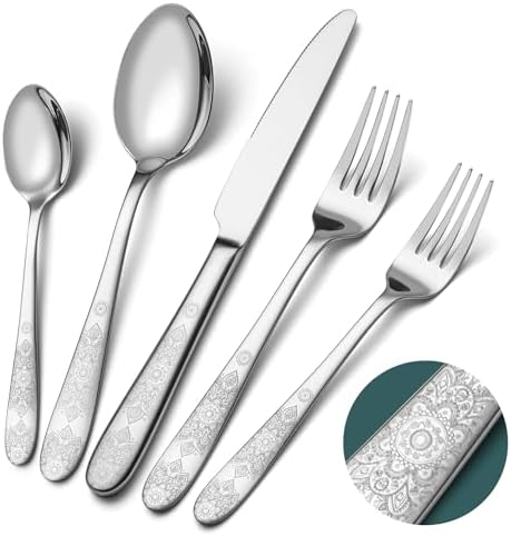 40 Piece Flatware Set, Service for 8, EIUBUIE Premium Stainless Steel Cutlery Set, Mirror Polished Silverware Sets with Pattern Handle, Modern Kitchen Eating Utensils Sets by EIUBUIE