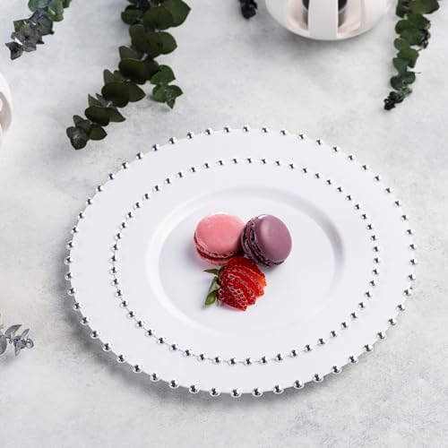 PLASTICPRO 32 Piece Combo Plastic Dinner Plates Disposable Plastic Fancy Heavy Duty Party Dishes 7 inch and 10 inch, White and Silver Beaded - Image 3