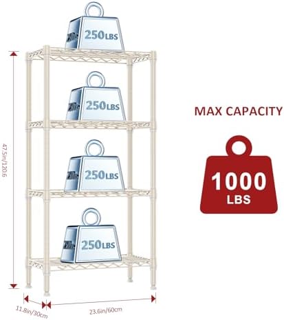 IZEUK 4 Tier Steel Storage Shelves, Heavy Duty Metal Shelf Wire Shelving Rack for Pantry, Kitchen, Living Room, or Bathroom Organization (11.8" D x 23.6" W x 47.5" H, 1000LBS, Light Tan) - Image 3