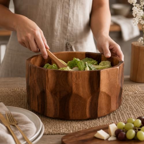 Arthur Court Large Diamond Pattern Acacia Wood Salad Serving Bowl - Modern Centerpiece for Fruits or Salads - 12" Diameter 6" Tall - Image 4