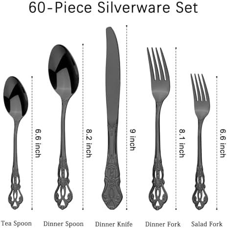 Retro Royal Black Silverware Set With Gift Box, 60-Pieces Cutlery Set Utensils Stainless Steel Flatware For 12 MIKIWAY Kitchen Tableware Set For Gifts Festive, Dishwasher Safe, Mirror Polishing - Image 2