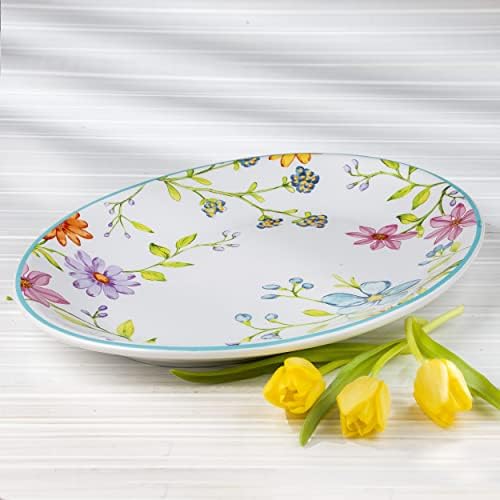 Charlotte Collection 15" Oval Platter and 9" Fruit/Vegetable Bowl, Multicolor Watercolor Floral/Garden Design, 2 Piece Stoneware Serving Set - Image 4