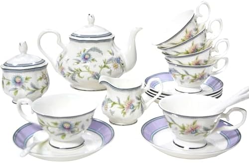 Bone China Tea Set, 21-Pieces Porcelain Tea Set for Adults, Tea Cups And Saucers for 6, with Teapot, Spoons, Sugar Bowl, Creamer Pitcher, Vintage Tea Set for Women Tea Party (Purple) by LEPOTOCLO