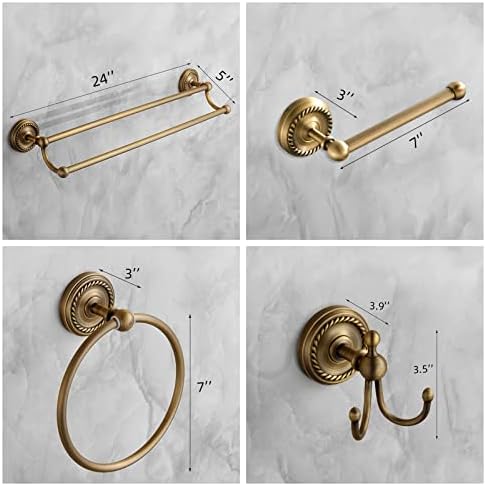 4 Piece Antique Brass Gold Bathroom Accessories Set - 24” Towel Holder, Antique Bar Brass Bath Accessories - Wall Mounted Bathroom Hardware Accessory Set - Image 2