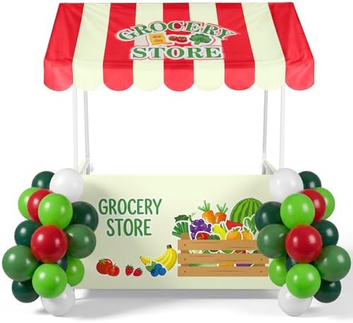 SmoothNovelty Grocery Store Stand Pretend Play Grocery Store Locally Grown Farmers Market Fruit Vegetable Party Decor with Shelf Banner Roof Balloons for Locally Grown Baby Shower Dramatic Play Stand by SmoothNovelty