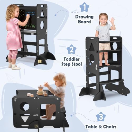 Toddler Standing Tower Anti-Tip Wooden Kitchen Step Stool，Black - Image 3
