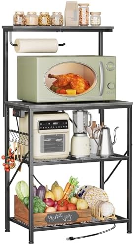 Huuger 4-Tier Bakers Rack with Reversible Power Outlet, 23.6 Inch Microwave Stand, Kitchen Coffee Bar, with Top Shelf, 6 S Hooks, Grey by Huuger