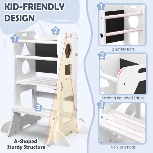 Toddler Standing Tower Anti-Tip Wooden Kitchen Step Stool Helper，White - Image 2