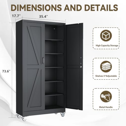 Metal Storage Cabinets with Wheels, Steel Tool Cabinets Lock Door and 5 Adjustable Shelves for Home Office, Garage, Kitchen (Black, 73.6" H) - Image 2