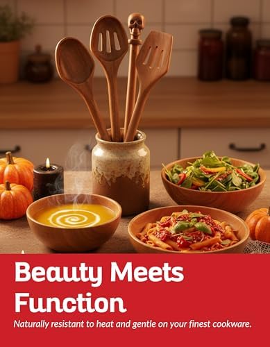 Acacia Wood Cooking Utensil Set with Skull Handles – 4-Piece FSC Certified Acacia Wood Kitchen Tools, Eco-Friendly Nonstick Safe Cooking Utensils (Spatula, Spoon, Slotted Turner, Slotted Spoon) - Image 5