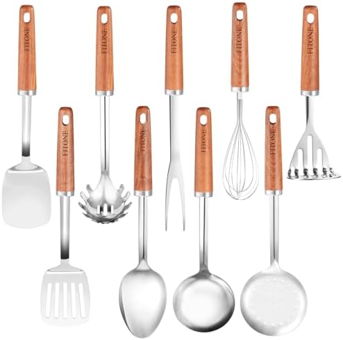9PCS Stainless Steel Kitchen Utensils Set, Heavy Duty Wooden Handle Cooking Utensils, Metal Cookware Utensils with Spatula, Ladle, Skimmer, Spaghetti Spoon and Potato Masher by Unknown