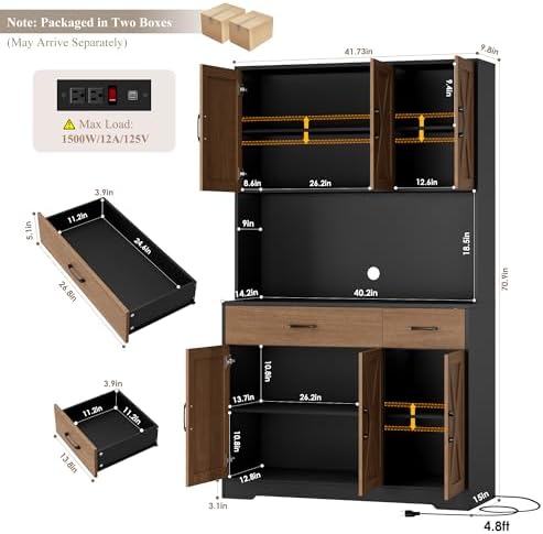HOSTACK 71"H Kitchen Pantry Storage Cabinet, Farmhouse Hutch Cabinet, Brown - Image 3