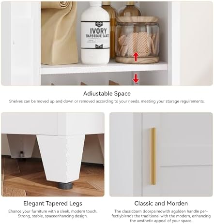 YAUWOH Narrow Metal Storage Cabinet, Tall Freestanding Cabinet with 4 Adjustable Shelves & Barn Doors, Pantry Organizer for Bathroom Kitchen Home Office Dining Room（1PC,White） - Image 6