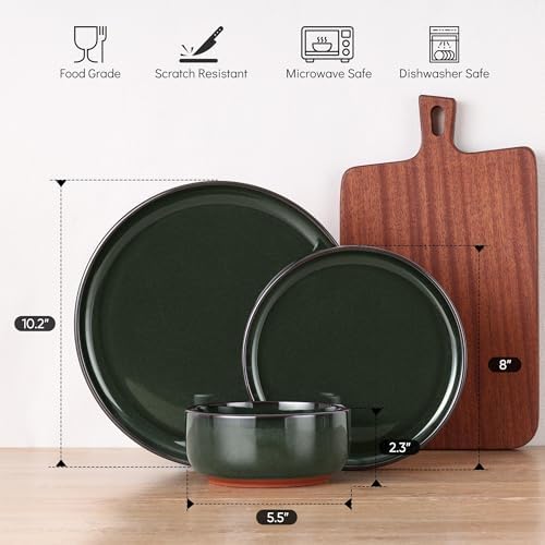 E-far Stoneware Dinnerware Sets for 2, 6 Pieces Reactive Glaze Plates and Bowls Sets, Elegant Dishes with Rustic Terracotta Base, Dishwasher & Microwave Safe, Scratch Resistant, Blackish Green - Image 2
