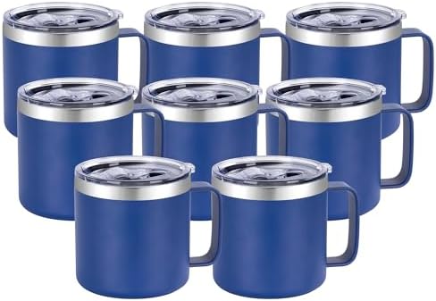 VEGOND 14 oz Insulated Coffee Mug Bulk with Handle, Stainless Steel Travel Coffee Mug with Lid, Double Wall Vacuum Metal Coffee Cup, Coffee Tumbler Powder Coated, Navy Blue 8 Pack by VEGOND