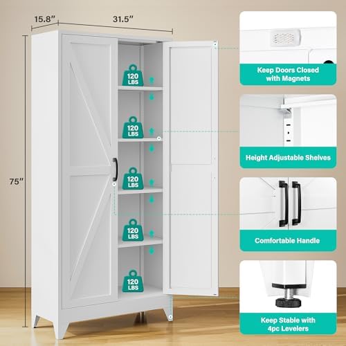 SISESOL 75" Tall Pantry Cabinet,Farmhouse Kitchen Pantry Storage Cabinets with 2 Doors and 5 Shelves,White Metal Storage Cabinet,Large Cupboard for Home,Kitchen,Dining/Living Room - Image 3